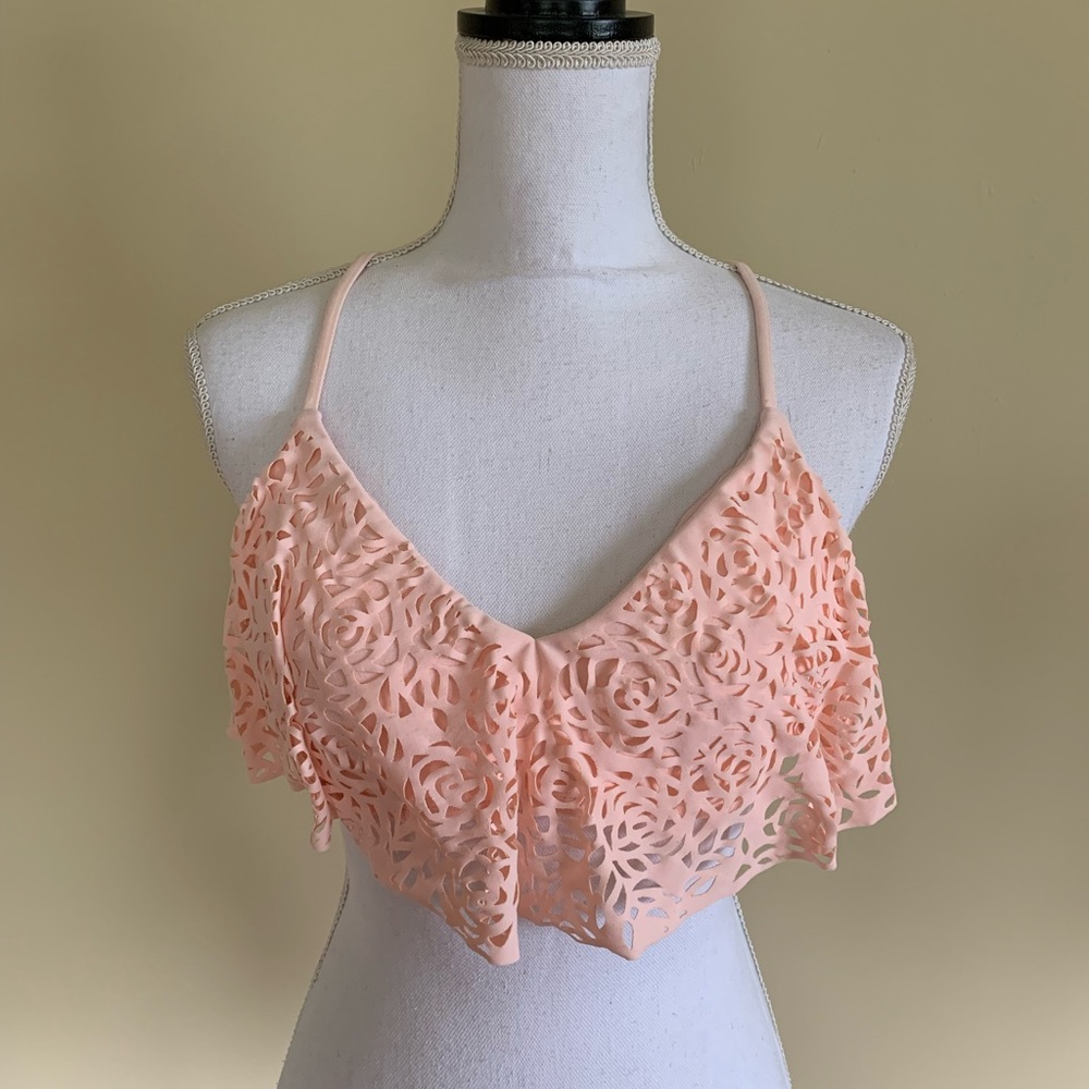 💰10/$50💰Medium Pink Peach Floral Laser Cut Bikini Swim Top